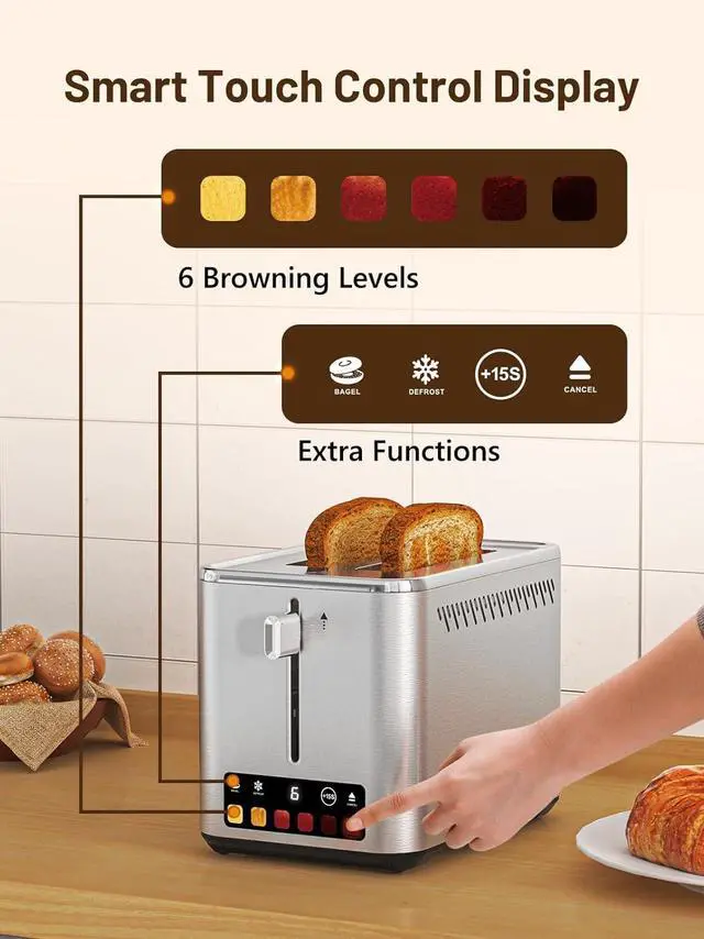 Alt view image 2 of 7 - Touch Screen 2-Slice Toaster with 6 Browning Levels, Bagel, Defrost & Timer, Wide 1.5" Slots, Removable Crumb Tray, 900W Stainless Steel Smart Toaster for Bagels, Breads & Waffles