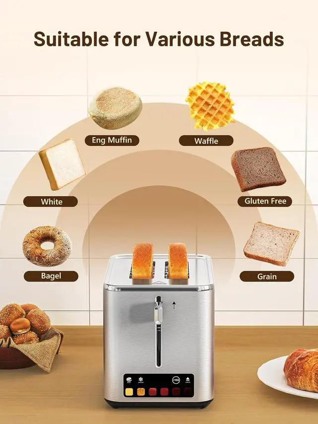Alt view image 3 of 7 - Touch Screen 2-Slice Toaster with 6 Browning Levels, Bagel, Defrost & Timer, Wide 1.5" Slots, Removable Crumb Tray, 900W Stainless Steel Smart Toaster for Bagels, Breads & Waffles
