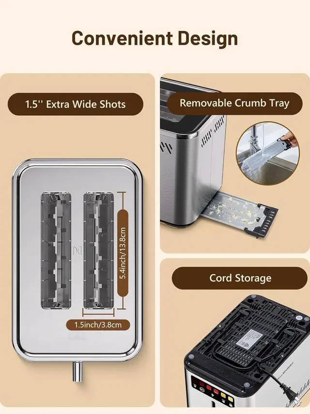Alt view image 4 of 7 - Touch Screen 2-Slice Toaster with 6 Browning Levels, Bagel, Defrost & Timer, Wide 1.5" Slots, Removable Crumb Tray, 900W Stainless Steel Smart Toaster for Bagels, Breads & Waffles