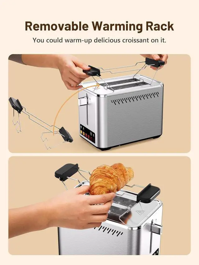 Alt view image 5 of 7 - Touch Screen 2-Slice Toaster with 6 Browning Levels, Bagel, Defrost & Timer, Wide 1.5" Slots, Removable Crumb Tray, 900W Stainless Steel Smart Toaster for Bagels, Breads & Waffles
