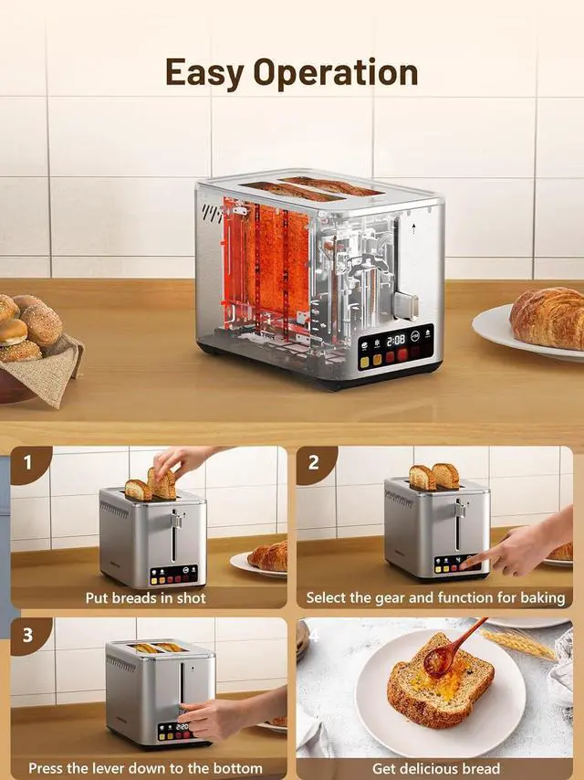 Alt view image 6 of 7 - Touch Screen 2-Slice Toaster with 6 Browning Levels, Bagel, Defrost & Timer, Wide 1.5" Slots, Removable Crumb Tray, 900W Stainless Steel Smart Toaster for Bagels, Breads & Waffles