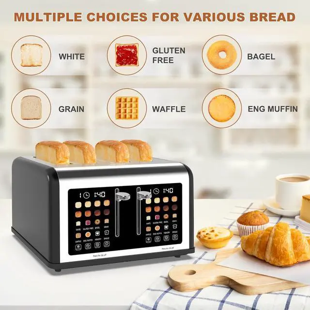 Alt view image 2 of 7 - 4 Slice Toaster Touch Screen, Stainless Steel Toasters Digital Timer, Dual Control Panel Toasters, 8 Shade Settings 6 Bread Types for Bagel, Cancel, Defrost 1650W Black