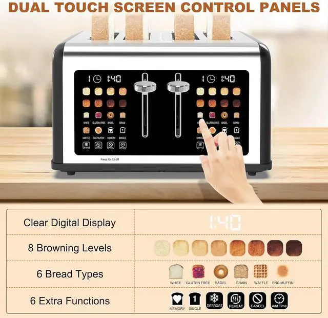 Alt view image 3 of 7 - 4 Slice Toaster Touch Screen, Stainless Steel Toasters Digital Timer, Dual Control Panel Toasters, 8 Shade Settings 6 Bread Types for Bagel, Cancel, Defrost 1650W Black