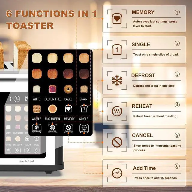Alt view image 4 of 7 - 4 Slice Toaster Touch Screen, Stainless Steel Toasters Digital Timer, Dual Control Panel Toasters, 8 Shade Settings 6 Bread Types for Bagel, Cancel, Defrost 1650W Black