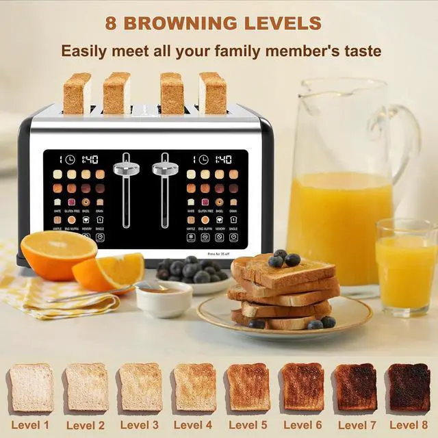 Alt view image 5 of 7 - 4 Slice Toaster Touch Screen, Stainless Steel Toasters Digital Timer, Dual Control Panel Toasters, 8 Shade Settings 6 Bread Types for Bagel, Cancel, Defrost 1650W Black