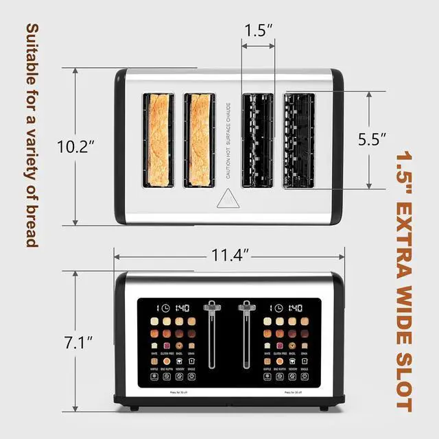 Alt view image 7 of 7 - 4 Slice Toaster Touch Screen, Stainless Steel Toasters Digital Timer, Dual Control Panel Toasters, 8 Shade Settings 6 Bread Types for Bagel, Cancel, Defrost 1650W Black