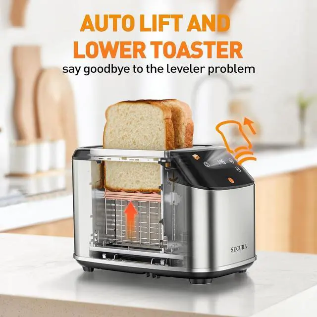 Alt view image 2 of 7 - Secura No Lever Smart Toaster 2 Slice Touchscreen - Auto Lower&Lift 1.5" Wide Slot Stainless Steel Keep Warm Toaster with Digital Countdown, 6 Bread Type, 6 Shade Setting