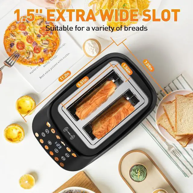 Alt view image 3 of 7 - Secura No Lever Smart Toaster 2 Slice Touchscreen - Auto Lower&Lift 1.5" Wide Slot Stainless Steel Keep Warm Toaster with Digital Countdown, 6 Bread Type, 6 Shade Setting