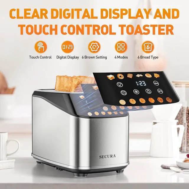 Alt view image 4 of 7 - Secura No Lever Smart Toaster 2 Slice Touchscreen - Auto Lower&Lift 1.5" Wide Slot Stainless Steel Keep Warm Toaster with Digital Countdown, 6 Bread Type, 6 Shade Setting