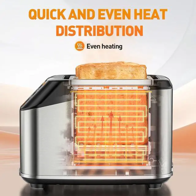 Alt view image 5 of 7 - Secura No Lever Smart Toaster 2 Slice Touchscreen - Auto Lower&Lift 1.5" Wide Slot Stainless Steel Keep Warm Toaster with Digital Countdown, 6 Bread Type, 6 Shade Setting