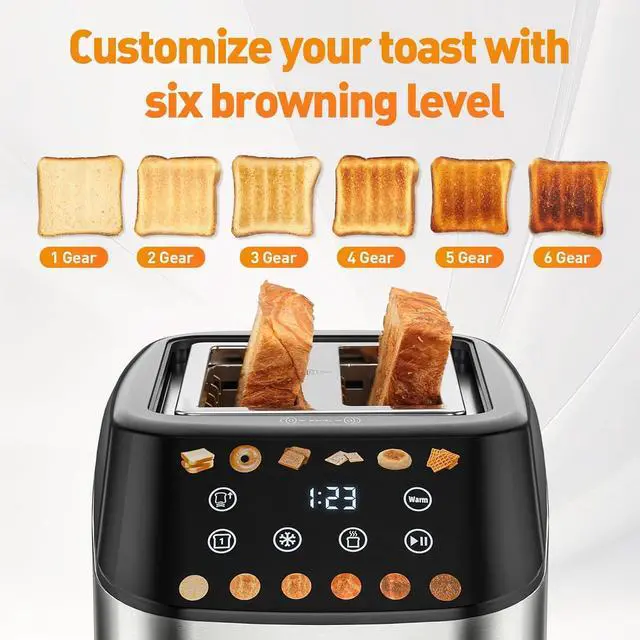 Alt view image 7 of 7 - Secura No Lever Smart Toaster 2 Slice Touchscreen - Auto Lower&Lift 1.5" Wide Slot Stainless Steel Keep Warm Toaster with Digital Countdown, 6 Bread Type, 6 Shade Setting
