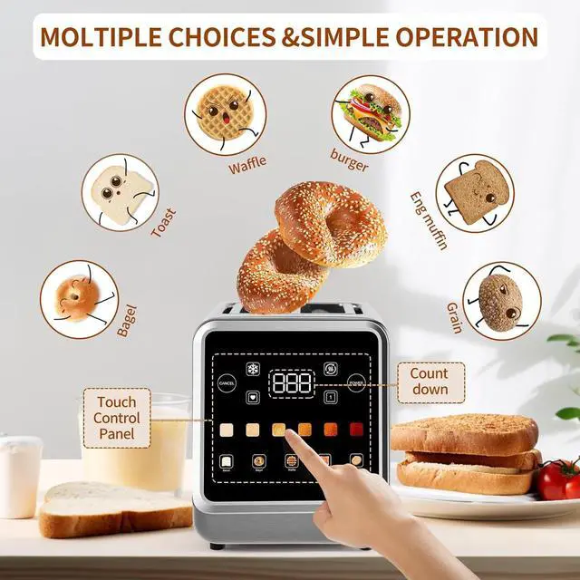 Alt view image 2 of 7 - Toaster Touch Screen Toaster 2 Slice with LCD Display Stainless Steel Digital Timer Toasters 6 Bread Types& 6 Shade Settings Smart Extra Wide Slots Tostadora With Bagel Cancel,Defrost Functions