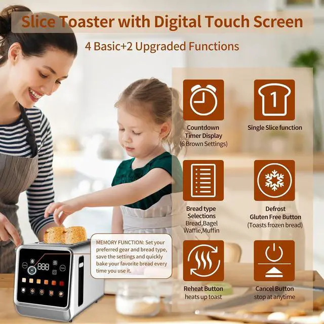 Alt view image 3 of 7 - Toaster Touch Screen Toaster 2 Slice with LCD Display Stainless Steel Digital Timer Toasters 6 Bread Types& 6 Shade Settings Smart Extra Wide Slots Tostadora With Bagel Cancel,Defrost Functions