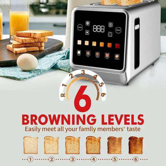 Alt view image 5 of 7 - Toaster Touch Screen Toaster 2 Slice with LCD Display Stainless Steel Digital Timer Toasters 6 Bread Types& 6 Shade Settings Smart Extra Wide Slots Tostadora With Bagel Cancel,Defrost Functions