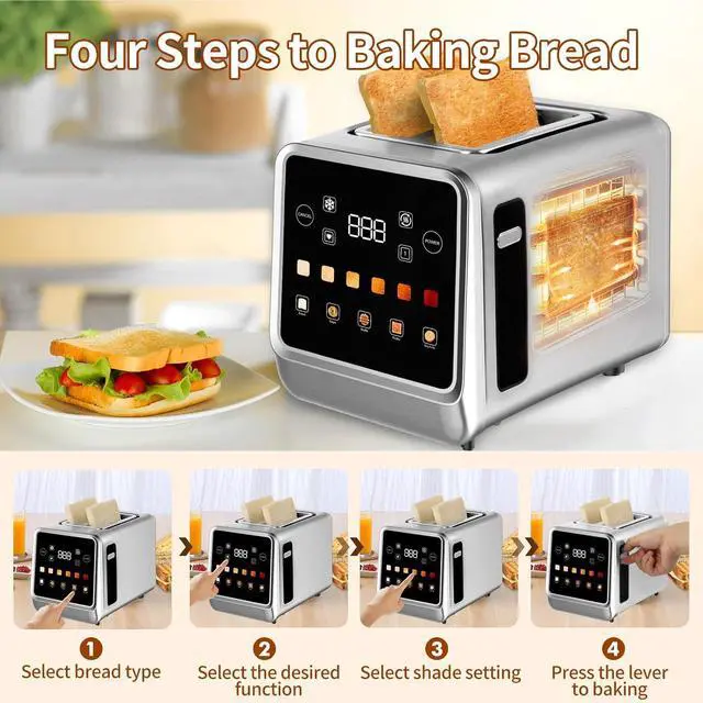 Alt view image 6 of 7 - Toaster Touch Screen Toaster 2 Slice with LCD Display Stainless Steel Digital Timer Toasters 6 Bread Types& 6 Shade Settings Smart Extra Wide Slots Tostadora With Bagel Cancel,Defrost Functions