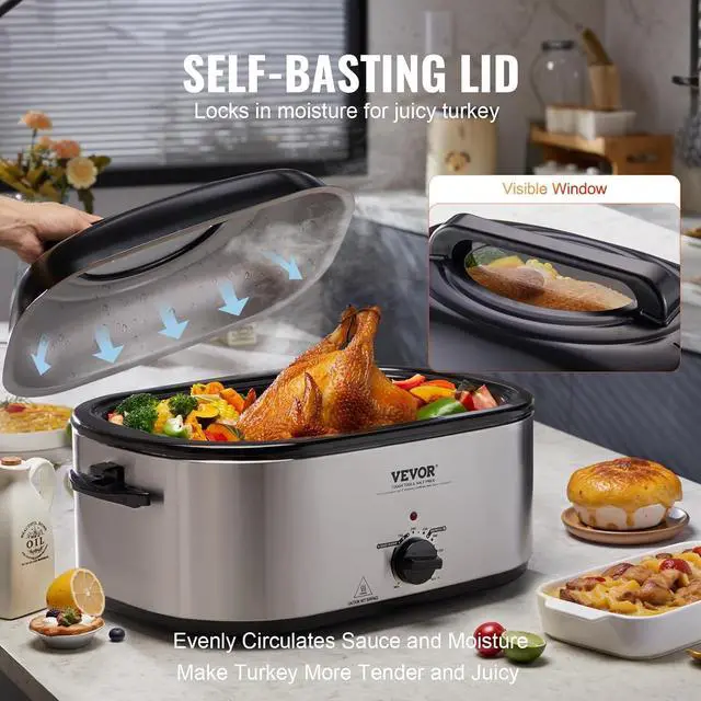 Alt view image 3 of 7 - VEVOR Electric Roaster Oven, 24 QT Turkey Roaster Oven with Self-Basting Lid, 1450W Roaster Oven with Defrost & Warm Function, Adjustable Temp, Removable Pan & Rack, Fits Turkeys Up to 28LBS, Silver
