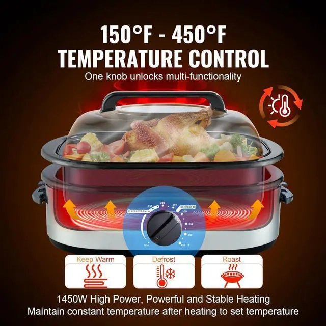 Alt view image 4 of 7 - VEVOR Electric Roaster Oven, 24 QT Turkey Roaster Oven with Self-Basting Lid, 1450W Roaster Oven with Defrost & Warm Function, Adjustable Temp, Removable Pan & Rack, Fits Turkeys Up to 28LBS, Silver
