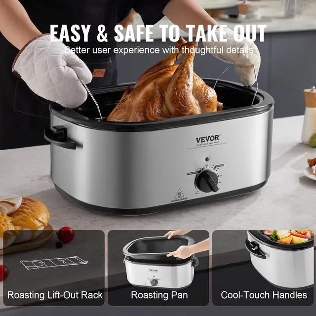 Alt view image 5 of 7 - VEVOR Electric Roaster Oven, 24 QT Turkey Roaster Oven with Self-Basting Lid, 1450W Roaster Oven with Defrost & Warm Function, Adjustable Temp, Removable Pan & Rack, Fits Turkeys Up to 28LBS, Silver