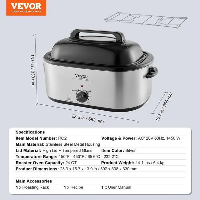 Alt view image 7 of 7 - VEVOR Electric Roaster Oven, 24 QT Turkey Roaster Oven with Self-Basting Lid, 1450W Roaster Oven with Defrost & Warm Function, Adjustable Temp, Removable Pan & Rack, Fits Turkeys Up to 28LBS, Silver