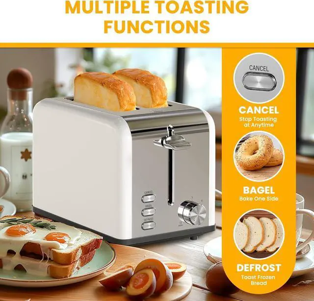 Alt view image 2 of 7 - Simple Deluxe 2-Slice Toaster, Stainless Steel Toaster, 6 Browning Setting and 3 Function, Extra Wide Slot & Removable Crumb Tray, for Bread & Waffle, White (Pack of 1)