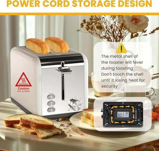 Alt view image 5 of 7 - Simple Deluxe 2-Slice Toaster, Stainless Steel Toaster, 6 Browning Setting and 3 Function, Extra Wide Slot & Removable Crumb Tray, for Bread & Waffle, White (Pack of 1)