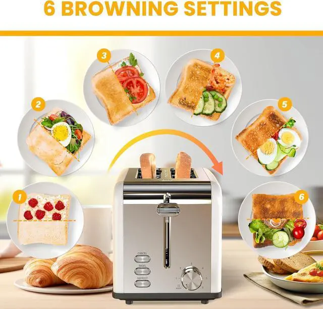 Alt view image 6 of 7 - Simple Deluxe 2-Slice Toaster, Stainless Steel Toaster, 6 Browning Setting and 3 Function, Extra Wide Slot & Removable Crumb Tray, for Bread & Waffle, White (Pack of 1)