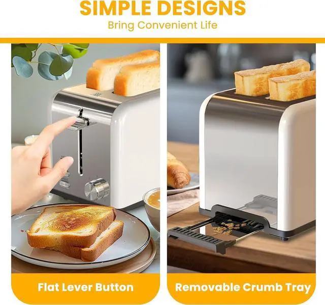 Alt view image 7 of 7 - Simple Deluxe 2-Slice Toaster, Stainless Steel Toaster, 6 Browning Setting and 3 Function, Extra Wide Slot & Removable Crumb Tray, for Bread & Waffle, White (Pack of 1)