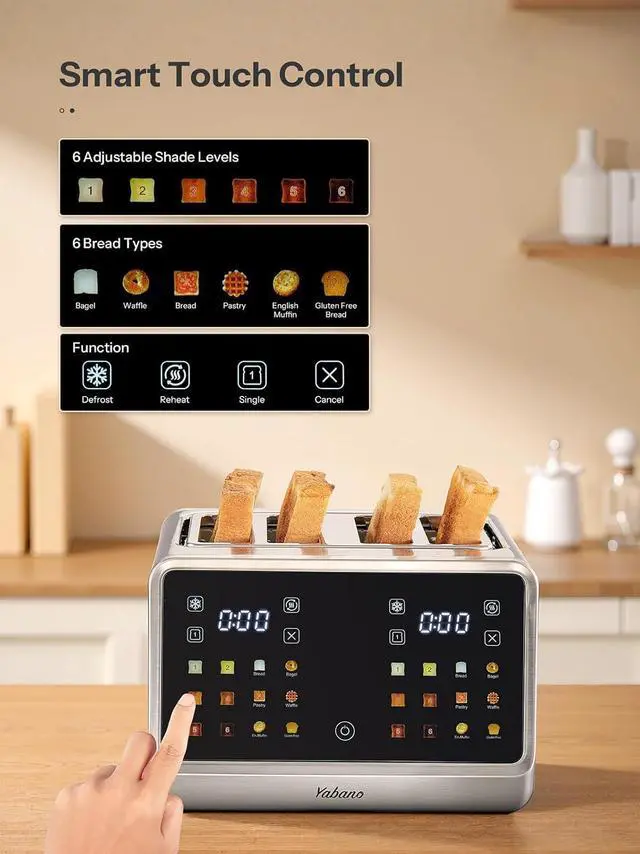 Alt view image 2 of 7 - Yabano 4-Slice Toaster with Smart Touch Control, 6 Shade Levels & 6 Bread Settings, Extra Wide Slot for Bagels/English Muffins, Compact Design with Removable Crumb Tray