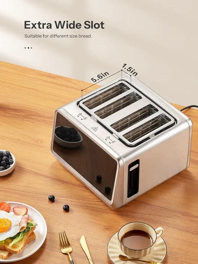 Alt view image 5 of 7 - Yabano 4-Slice Toaster with Smart Touch Control, 6 Shade Levels & 6 Bread Settings, Extra Wide Slot for Bagels/English Muffins, Compact Design with Removable Crumb Tray