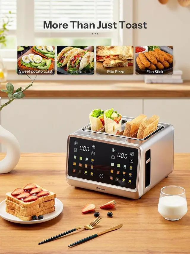 Alt view image 4 of 7 - Yabano 4-Slice Toaster with Smart Touch Control, 6 Shade Levels & 6 Bread Settings, Extra Wide Slot for Bagels/English Muffins, Compact Design with Removable Crumb Tray