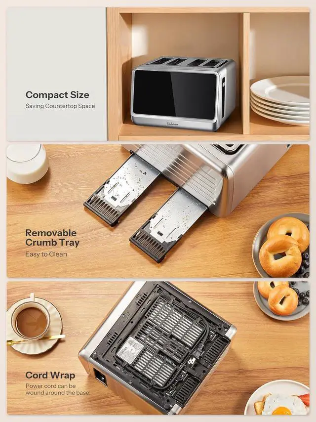 Alt view image 6 of 7 - Yabano 4-Slice Toaster with Smart Touch Control, 6 Shade Levels & 6 Bread Settings, Extra Wide Slot for Bagels/English Muffins, Compact Design with Removable Crumb Tray