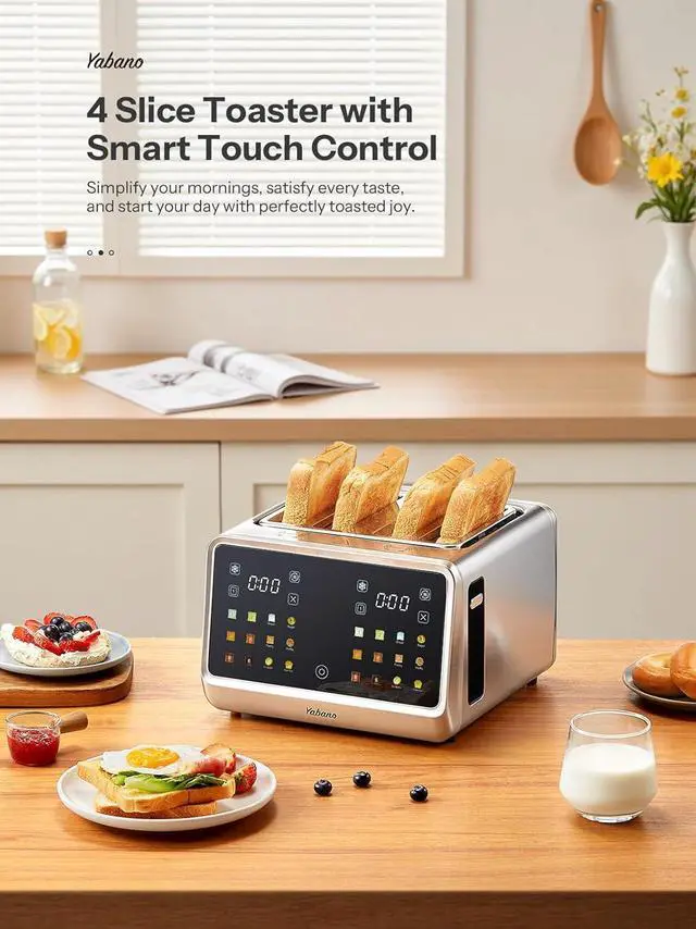 Alt view image 7 of 7 - Yabano 4-Slice Toaster with Smart Touch Control, 6 Shade Levels & 6 Bread Settings, Extra Wide Slot for Bagels/English Muffins, Compact Design with Removable Crumb Tray