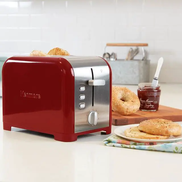Alt view image 2 of 7 - Koolatron Kenmore 2-Slice Toaster, Stainless Steel, Red and Silver, with Extra Wide Slots, Self-Adjusting Bread Guides, Defrost, Bagel and Removable Crumb Tray, Small (KKTS2SR AZ)