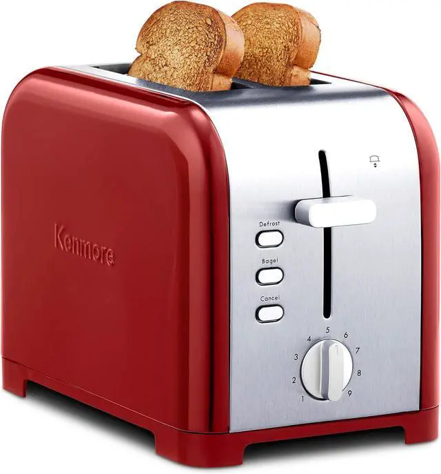 Main image of Koolatron Kenmore 2-Slice Toaster, Stainless Steel, Red and Silver, with Extra Wide Slots, Self-Adjusting Bread Guides, Defrost, Bagel and Removable Crumb Tray, Small (KKTS2SR AZ)
