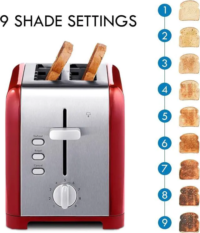 Alt view image 4 of 7 - Koolatron Kenmore 2-Slice Toaster, Stainless Steel, Red and Silver, with Extra Wide Slots, Self-Adjusting Bread Guides, Defrost, Bagel and Removable Crumb Tray, Small (KKTS2SR AZ)