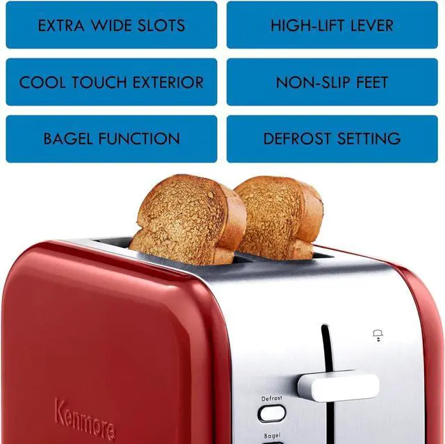 Alt view image 3 of 7 - Koolatron Kenmore 2-Slice Toaster, Stainless Steel, Red and Silver, with Extra Wide Slots, Self-Adjusting Bread Guides, Defrost, Bagel and Removable Crumb Tray, Small (KKTS2SR AZ)