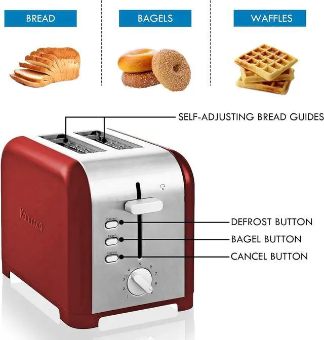 Alt view image 5 of 7 - Koolatron Kenmore 2-Slice Toaster, Stainless Steel, Red and Silver, with Extra Wide Slots, Self-Adjusting Bread Guides, Defrost, Bagel and Removable Crumb Tray, Small (KKTS2SR AZ)