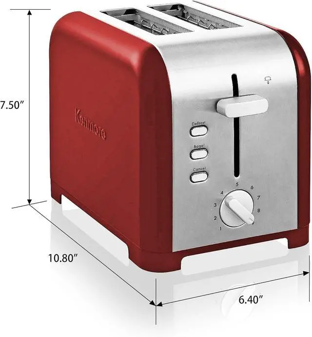 Alt view image 7 of 7 - Koolatron Kenmore 2-Slice Toaster, Stainless Steel, Red and Silver, with Extra Wide Slots, Self-Adjusting Bread Guides, Defrost, Bagel and Removable Crumb Tray, Small (KKTS2SR AZ)