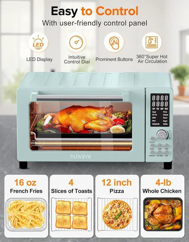Alt view image 6 of 7 - Nuwave Bravo Pro Smart Air Fryer Toaster Oven Combo, Airfryer Convection Oven Countertop, 12-in-1 Functions with Quicker & Even Crisp Technology, 1800W, 50-450°F, PFAS-Free, 21QT, Mint