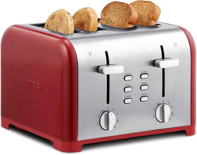 Main image of Kenmore Toaster 4 Slice - Extra Wide Slot Countertop Kitchen Appliance, Defrost Function, Grille-Pain, 9 Shade Settings, Compact Design, Easy Clean Crumb Tray, Bread Bagel, Stainless Steel & Red