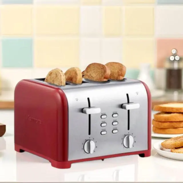 Alt view image 2 of 7 - Kenmore Toaster 4 Slice - Extra Wide Slot Countertop Kitchen Appliance, Defrost Function, Grille-Pain, 9 Shade Settings, Compact Design, Easy Clean Crumb Tray, Bread Bagel, Stainless Steel & Red