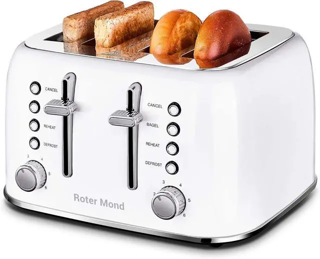 Main image of Toaster 4 Slice Retro Stainless Steel with Extra Wide Slots Bagel, Defrost, Reheat Function, Dual Independent Control Panel, Removable Crumb Tray, 6 Browning Levels, White