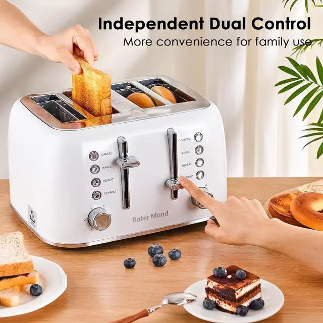 Alt view image 2 of 7 - Toaster 4 Slice Retro Stainless Steel with Extra Wide Slots Bagel, Defrost, Reheat Function, Dual Independent Control Panel, Removable Crumb Tray, 6 Browning Levels, White