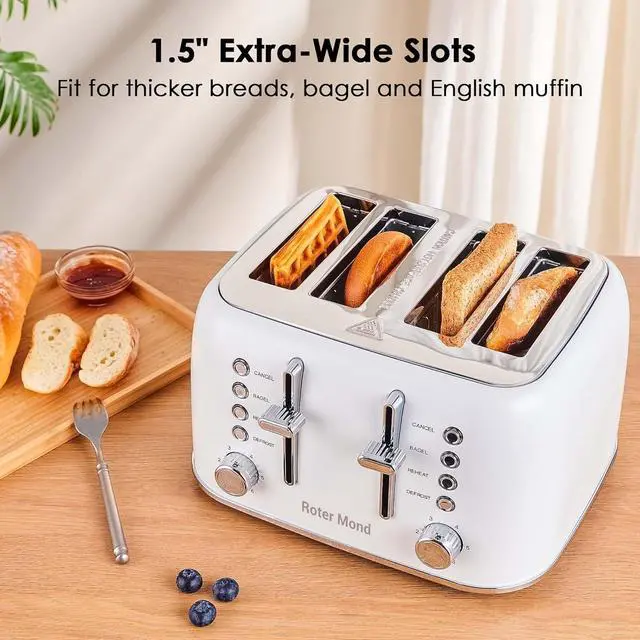 Alt view image 3 of 7 - Toaster 4 Slice Retro Stainless Steel with Extra Wide Slots Bagel, Defrost, Reheat Function, Dual Independent Control Panel, Removable Crumb Tray, 6 Browning Levels, White