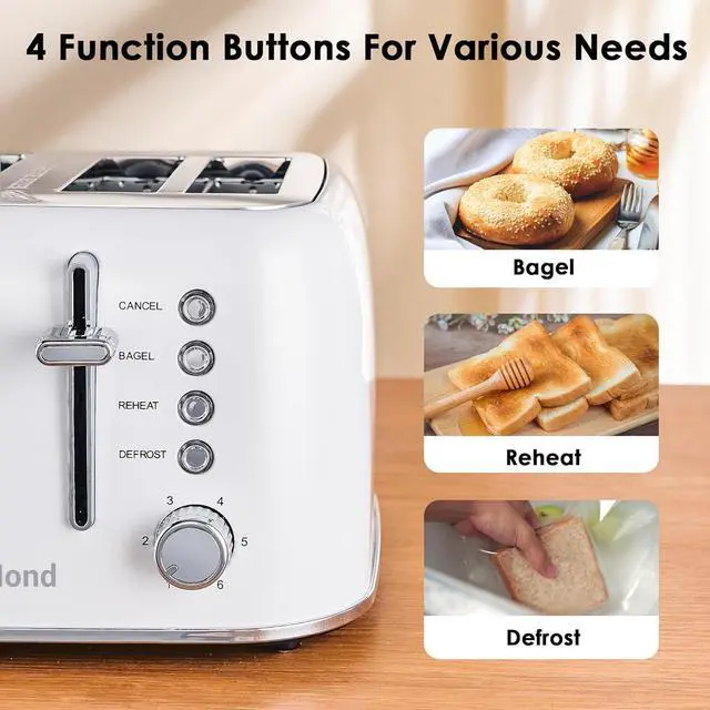 Alt view image 4 of 7 - Toaster 4 Slice Retro Stainless Steel with Extra Wide Slots Bagel, Defrost, Reheat Function, Dual Independent Control Panel, Removable Crumb Tray, 6 Browning Levels, White