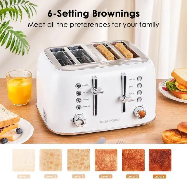 Alt view image 6 of 7 - Toaster 4 Slice Retro Stainless Steel with Extra Wide Slots Bagel, Defrost, Reheat Function, Dual Independent Control Panel, Removable Crumb Tray, 6 Browning Levels, White