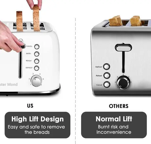 Alt view image 7 of 7 - Toaster 4 Slice Retro Stainless Steel with Extra Wide Slots Bagel, Defrost, Reheat Function, Dual Independent Control Panel, Removable Crumb Tray, 6 Browning Levels, White