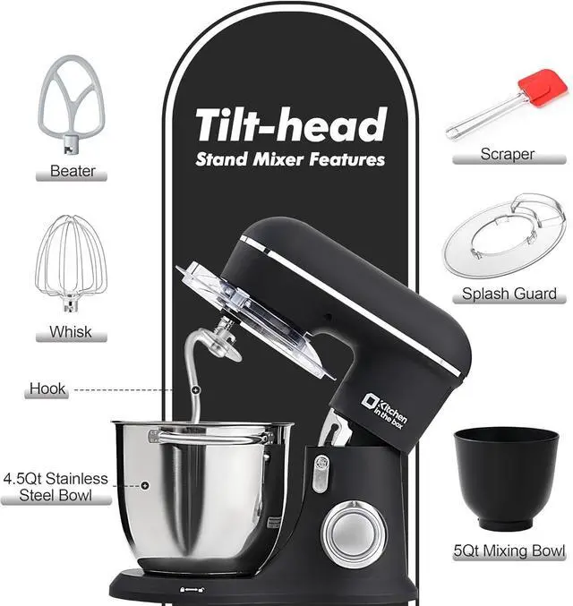 Alt view image 2 of 7 - Kitchen in the box Stand Mixer, 4.5QT+5QT Two bowls Electric Food Mixer, 10 Speeds 3-IN-1 Kitchen Mixer for Daily Use with Egg Whisk,Dough Hook,Flat Beater (Onyx Black, 5QT)