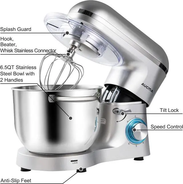 Alt view image 2 of 7 - Aucma Stand Mixer,6.5-QT 660W 6-Speed Tilt-Head Food Mixer, Kitchen Electric Mixer with Dough Hook, Wire Whip & Beater (6.5QT, Silver)