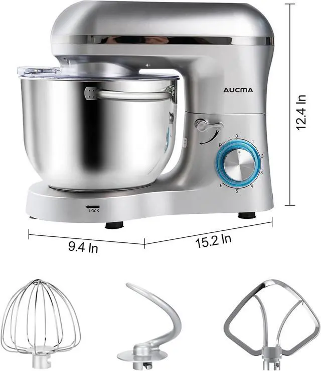 Alt view image 4 of 7 - Aucma Stand Mixer,6.5-QT 660W 6-Speed Tilt-Head Food Mixer, Kitchen Electric Mixer with Dough Hook, Wire Whip & Beater (6.5QT, Silver)